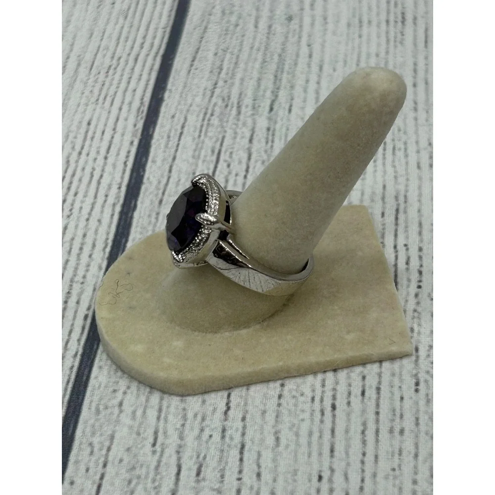 Silver Tone Halo Round Purple Alexandrite Ring Sz 7 CZ Accent Cocktail Statement